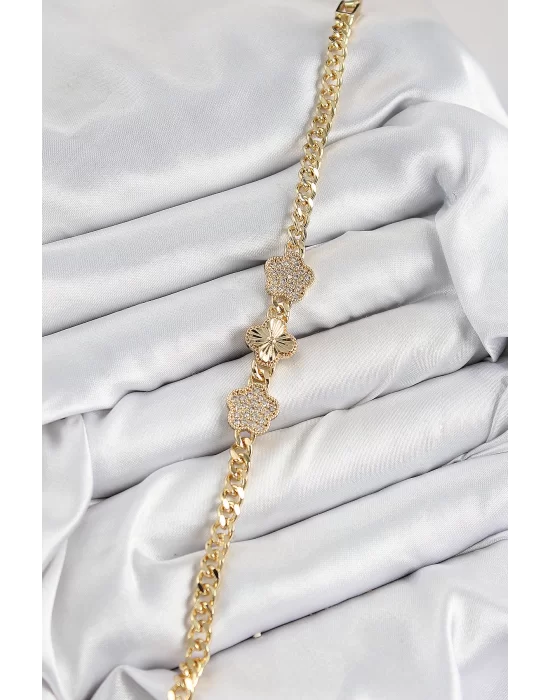 Pirinç Zirkon Taşlı Yonca Model Gold Renk Kadın Bileklik