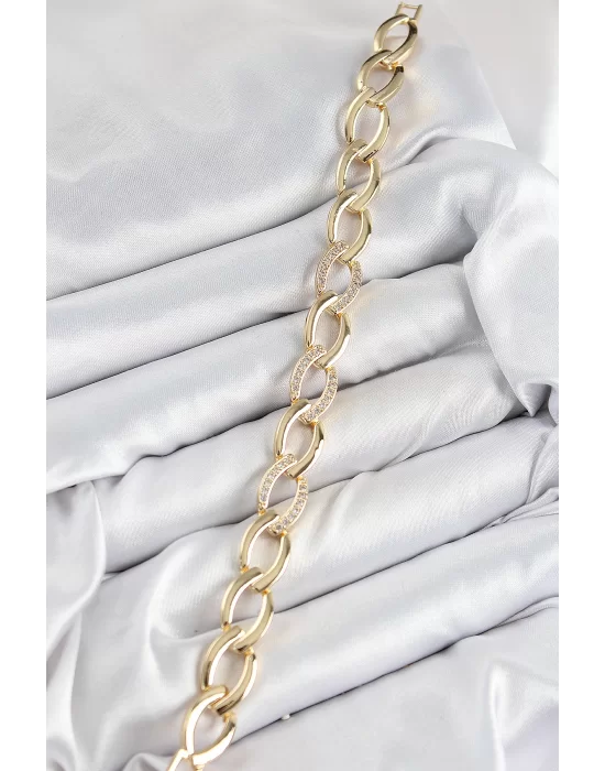Pirinç Zirkon Taşlı Zincir Model Gold Renk Kadın Bileklik