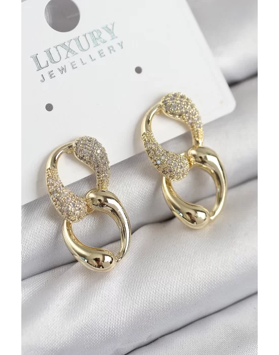 Pirinç Zirkon Taşlı Zincir Model Gold Renk Kadın Küpe