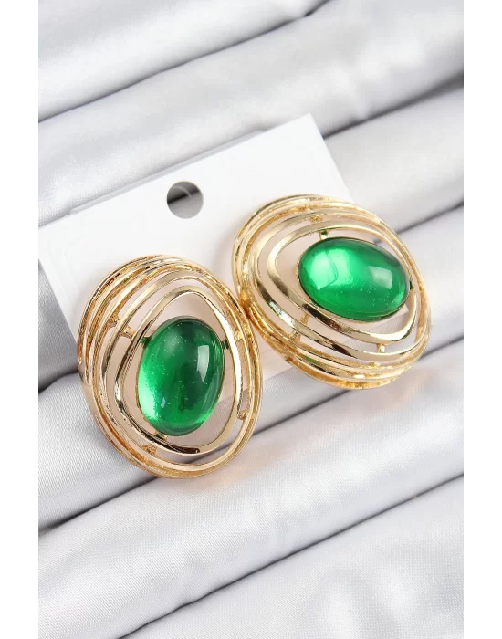 Pirinç Zümrüt Yeşili Zirkon Taşlı Oval Model Gold Renk Kadın Küpe