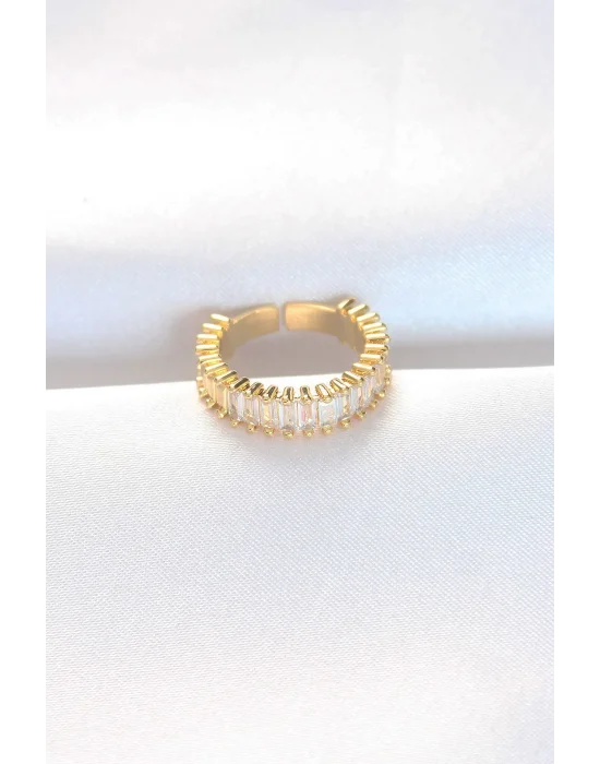 Sıralı Baget Taşlı Gold Renk Ayarlanabilir Yüzük