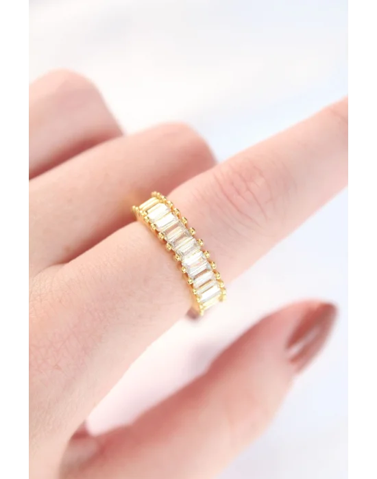 Sıralı Baget Taşlı Gold Renk Ayarlanabilir Yüzük