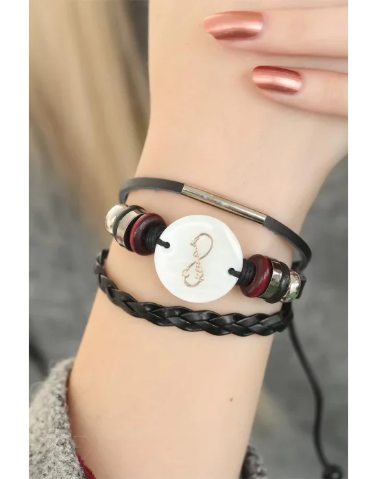 Siyah Renk Sonsuzluk ve Atatürk İmza Tasarım Çoklu Deri Bayan Bileklik