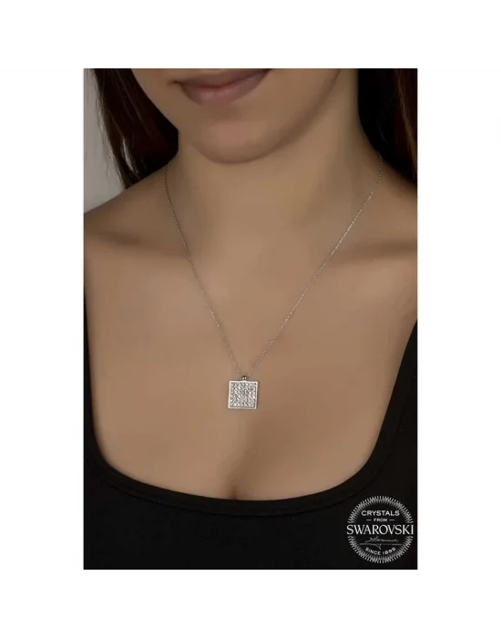 Swarovski Crystal Taşlı Kare Gümüş Kadın Kolye