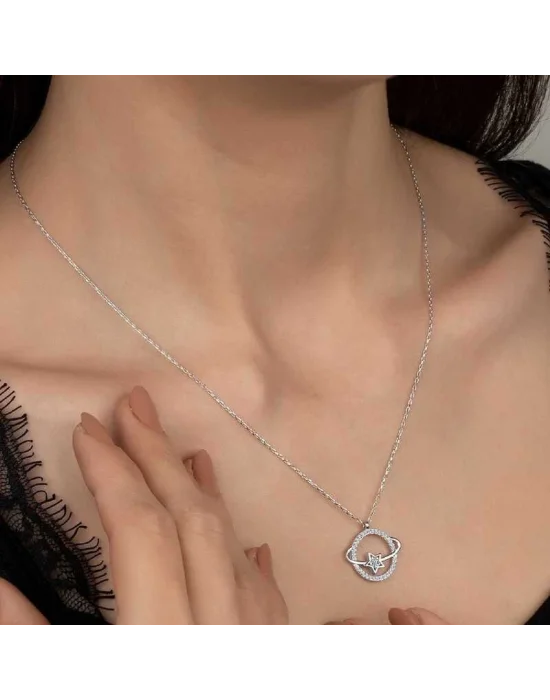 Swarovski Taşlı Gümüş Gezegen Bayan Kolye