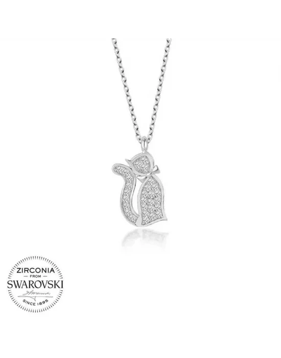 Swarovski Taşlı Gümüş Kedi Bayan Kolye