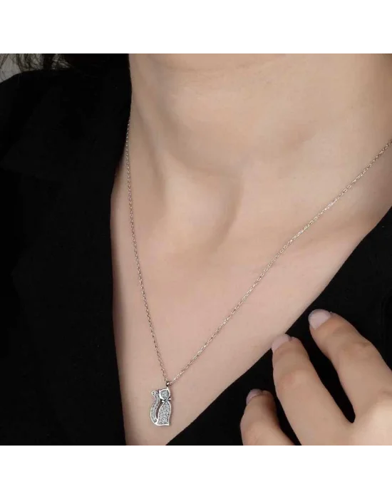 Swarovski Taşlı Gümüş Kedi Bayan Kolye