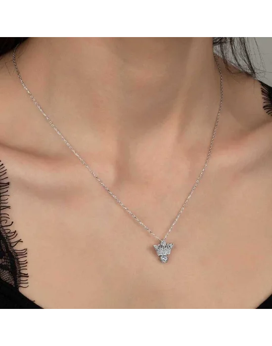 Swarovski Taşlı Gümüş Kral Tacı Bayan Kolye