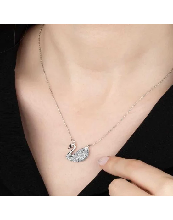 Swarovski Taşlı Gümüş Kuğu Bayan Kolye