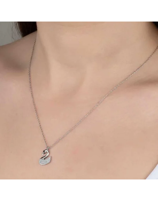 Swarovski Taşlı Gümüş Kuğu Bayan Kolye