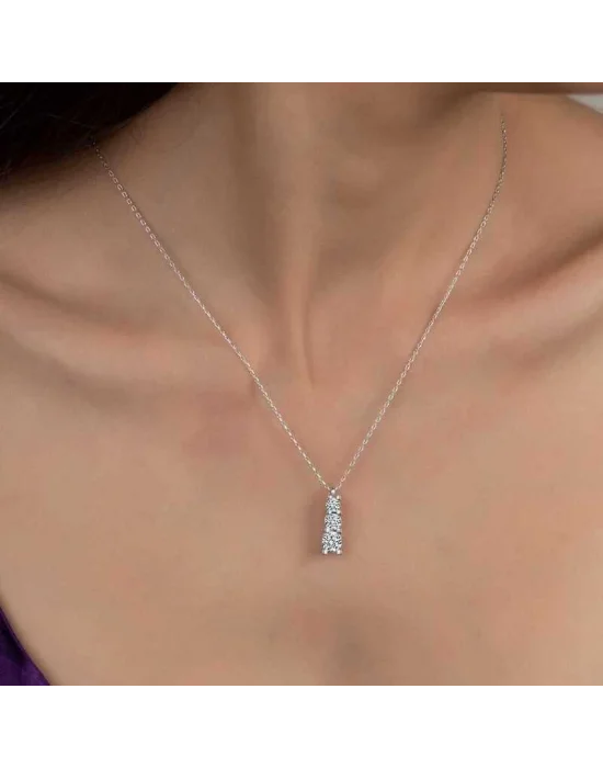 Swarovski Taşlı Gümüş Üçtaş Tektaş Bayan Kolye