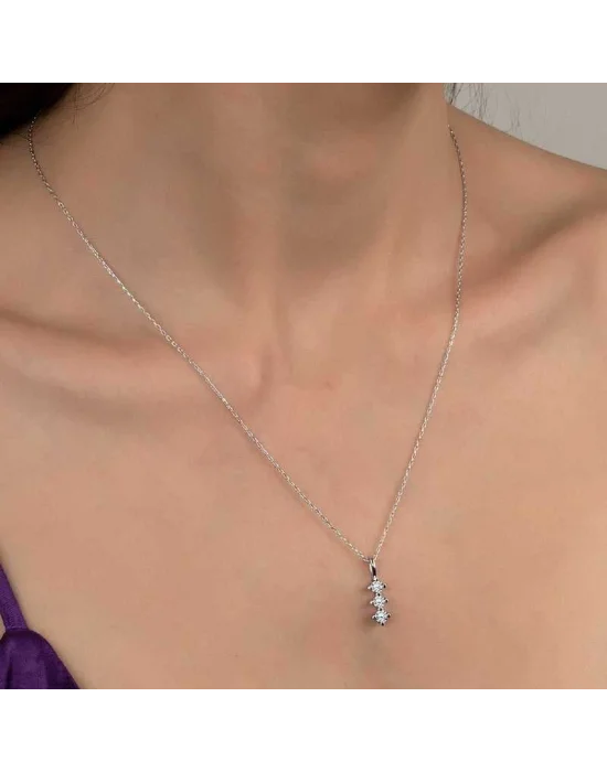 Swarovski Taşlı Gümüş Üçtaş Tektaş Bayan Kolye