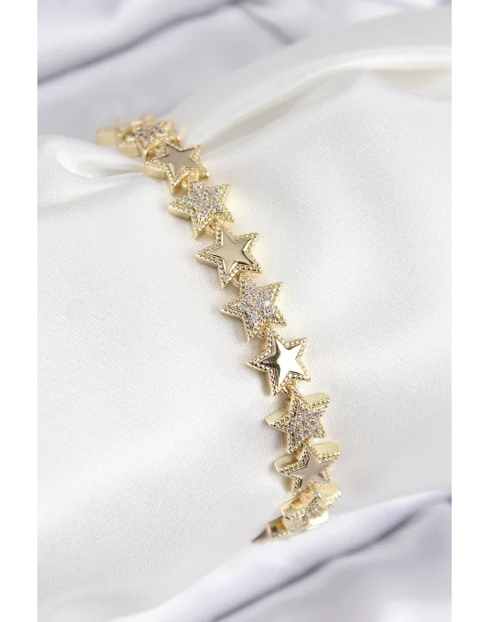 VIP Pirinç Zirkon Taşlı Yıldız Model Gold Renk Kadın Bileklik