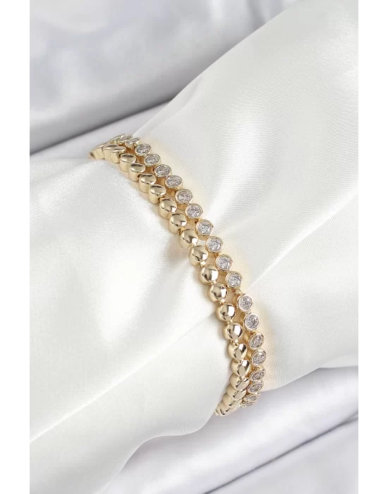 Xuping Pirinç Zirkon Taşlı Çift Görünümlü Model Gold Renk Kadın Bileklik