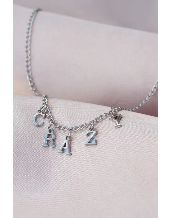 Yeni Sezon Crazy Yazılı Gümüş Renk Sallantılı Kadın Kolye