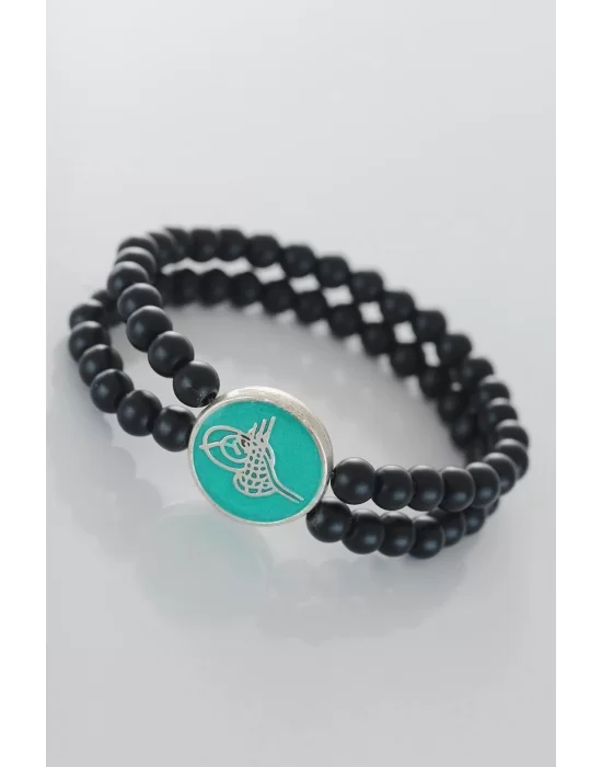 Yeşil Metal Üzerine Silver Osmanlı Tuğra Figürlü Siyah Renk Çift Sıra Doğal Taş Erkek Bileklik