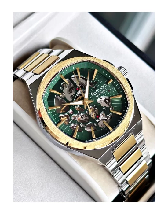 Altın Gold Gümüş Renk Çelik Kordon Business Otomatik Çelik Kordon Erkek Kol Saati + BİLEKLİK
