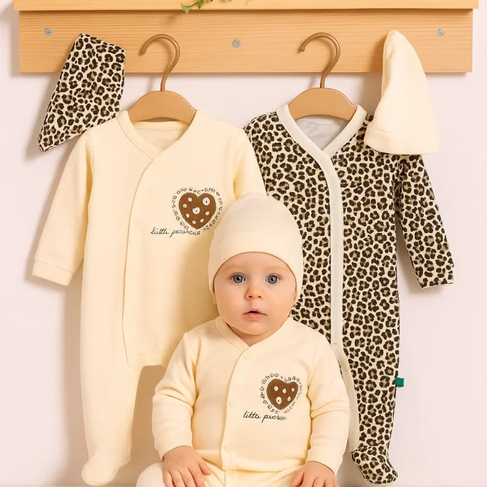 Açık Kahve Leopar Desenli Kız Bebek 4lü Tulum Seti