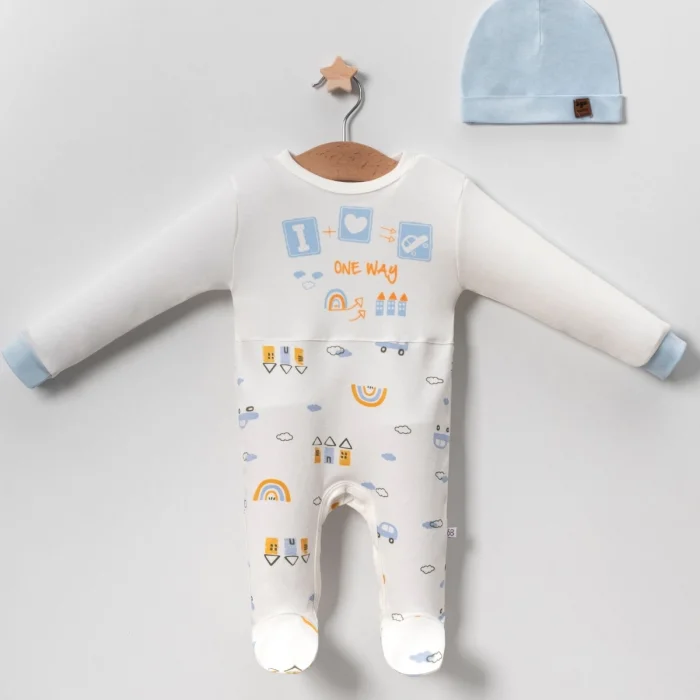 Araba Desenli Mavi 2li Şapkalı Erkek Bebek Tulumu