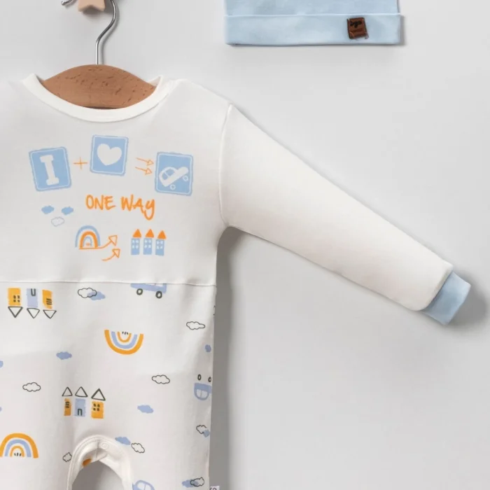 Araba Desenli Mavi 2li Şapkalı Erkek Bebek Tulumu