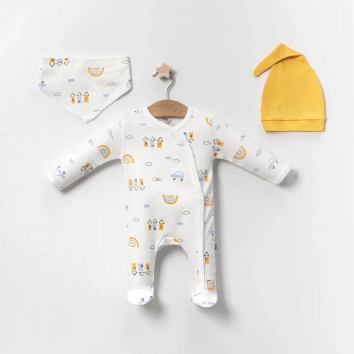 Araba Desenli Sarı 4lü Erkek Bebek Tulumu
