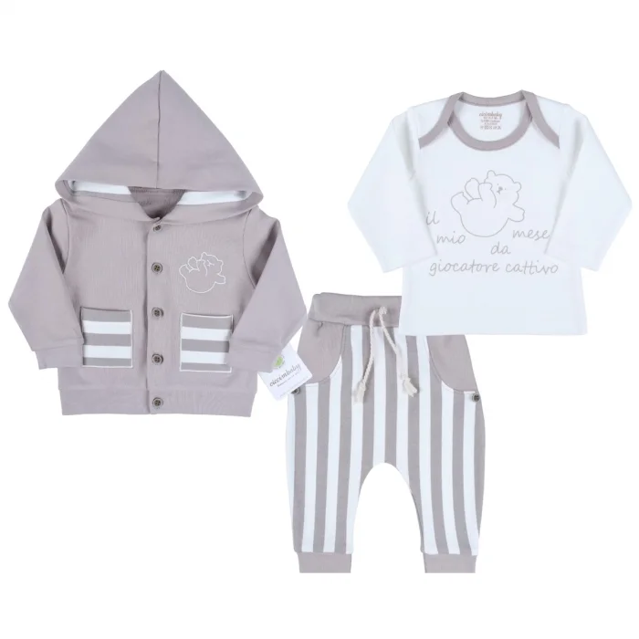 Ayıcık Nakışlı Hırkalı % 100 Pamuk Erkek Bebek Takım
