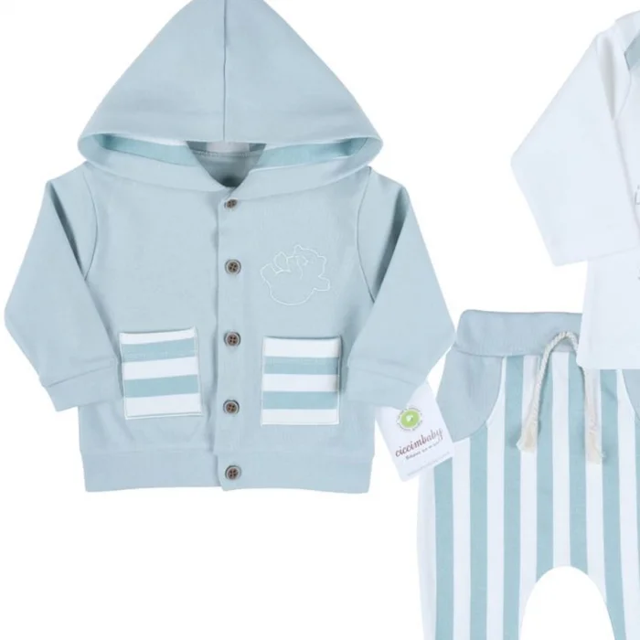 Ayıcık Nakışlı Hırkalı % 100 Pamuk Erkek Bebek Takım