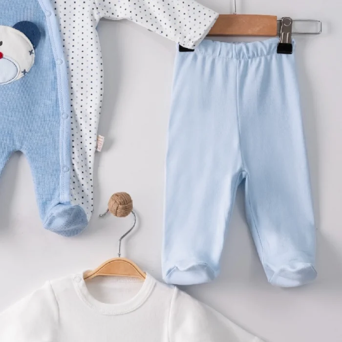 Ayıcık Nakışlı Tulumlu % 100 Pamuk Erkek Bebek 5li Set