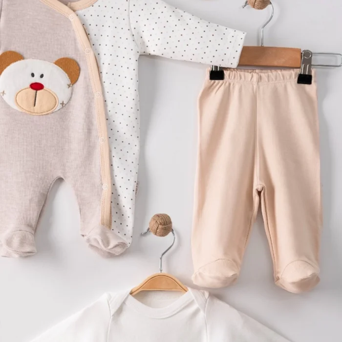 Ayıcık Nakışlı Tulumlu % 100 Pamuk Erkek Bebek 5li Set
