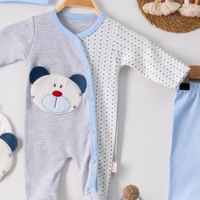 Ayıcık Nakışlı Tulumlu % 100 Pamuk Erkek Bebek 5li Set