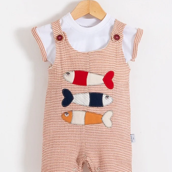 Balık Nakışlı Kısa Kollu Erkek Bebek Tulumu