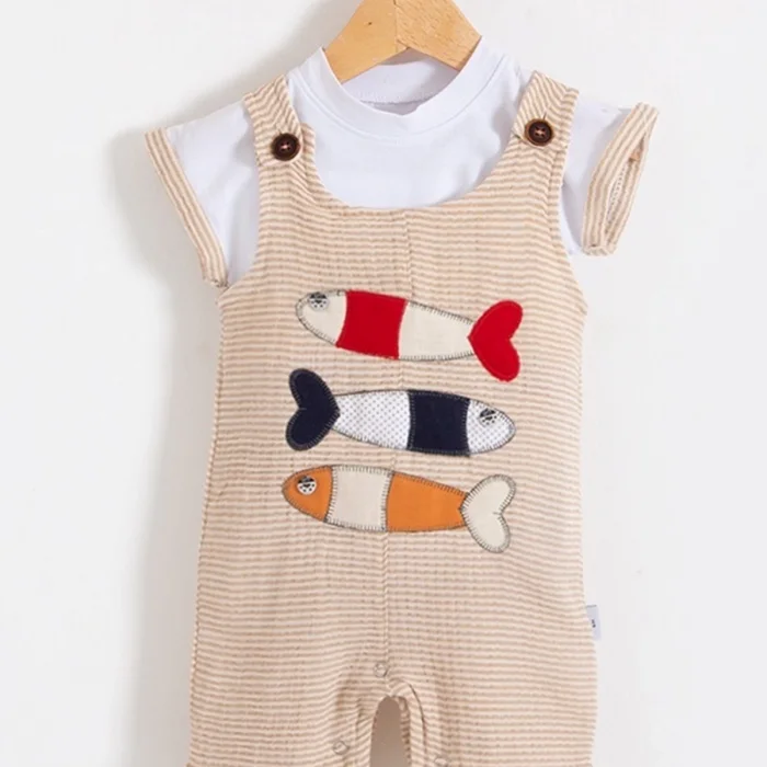 Balık Nakışlı Kısa Kollu Erkek Bebek Tulumu