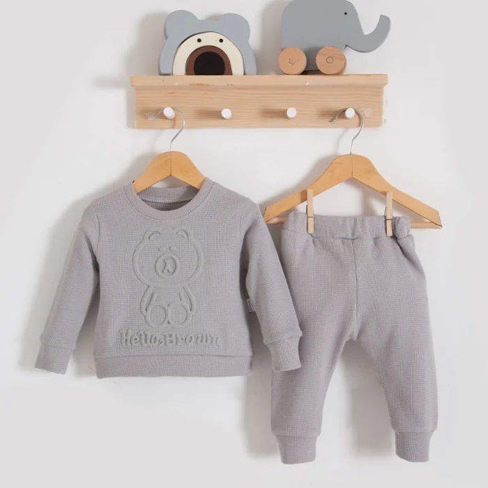 Bear Gofre Kabartmalı 2li Erkek Bebek Takımı