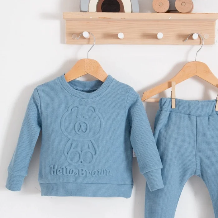 Bear Gofre Kabartmalı 2li Erkek Bebek Takımı