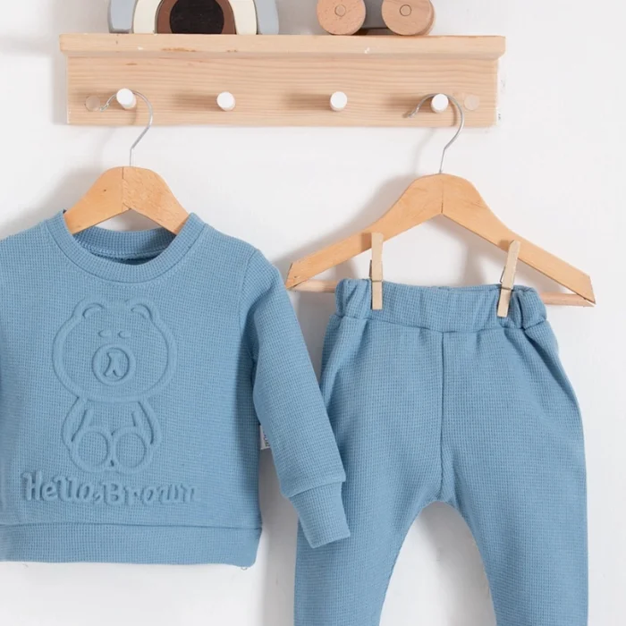 Bear Gofre Kabartmalı 2li Erkek Bebek Takımı