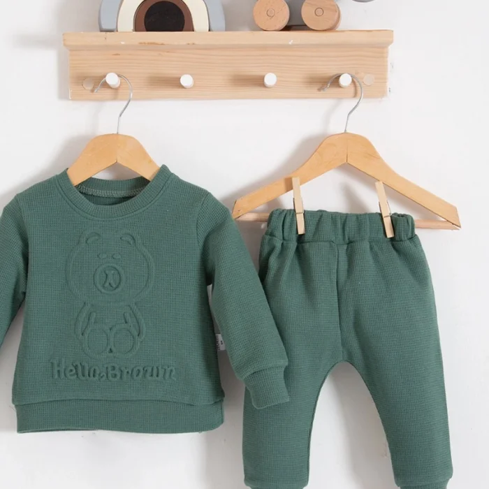 Bear Gofre Kabartmalı 2li Erkek Bebek Takımı