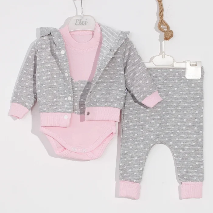 Bear Nakışlı Puanlı Pamuklu 2li Kız Bebek Takımı