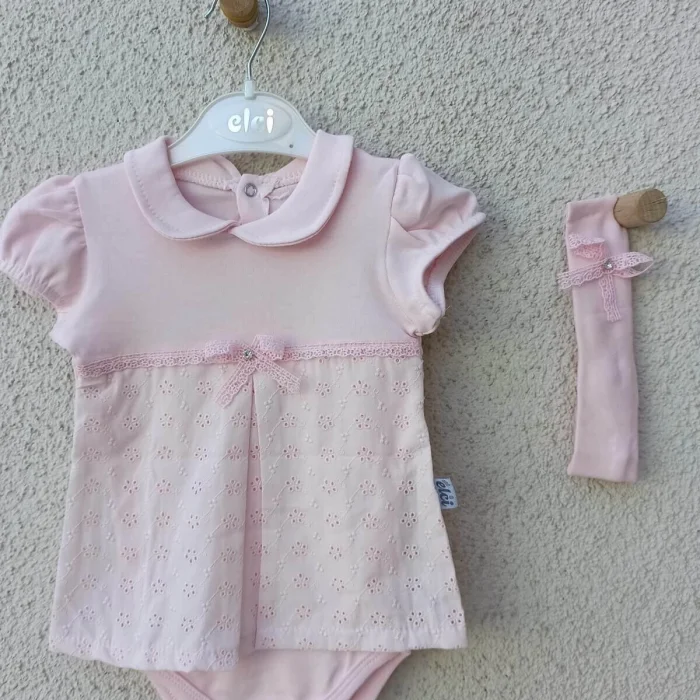 Bebek Yakalı Çiçek Işlemeli Bandanalı Badi 3-6-9 Ay