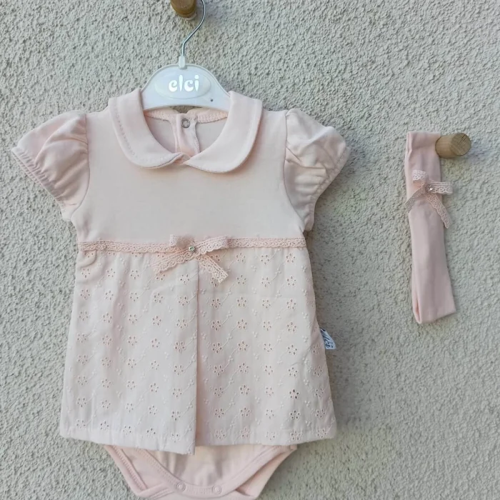 Bebek Yakalı Çiçek Işlemeli Bandanalı Badi 3-6-9 Ay