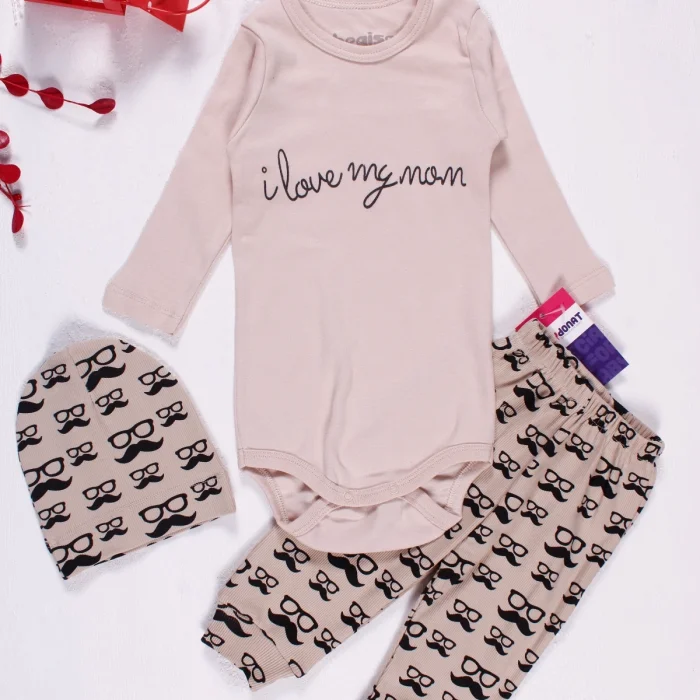 Bıyık Gözlük Desenli 3lü Erkek Bebek Takımı