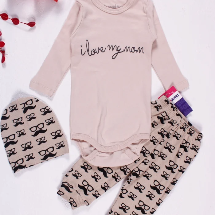 Bıyık Gözlük Desenli 3lü Erkek Bebek Takımı