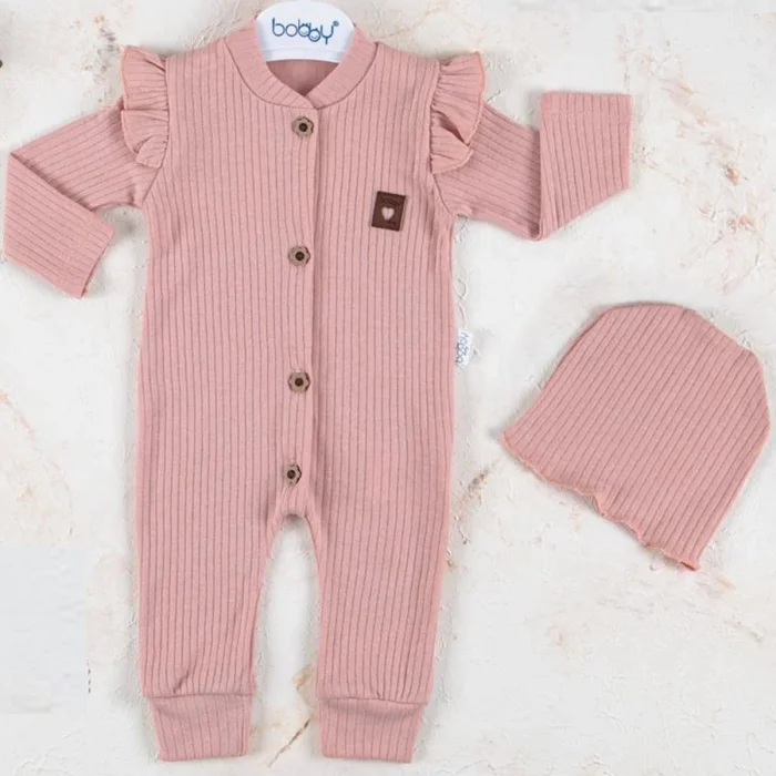 Boydan Düğmeli Şapkalı % 100 Pamuk Kız Bebek Tulumu