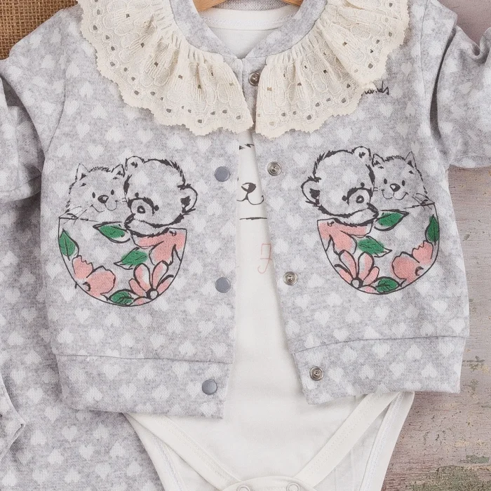 Brode İşlemeli Kalp Desenli 3lü Hırkalı Kız Bebek Takım