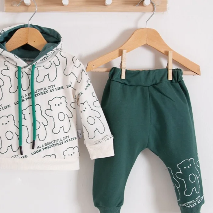 Çapraz Bears Kapüşonlu % 100 Pamuk Erkek Bebek Takımı