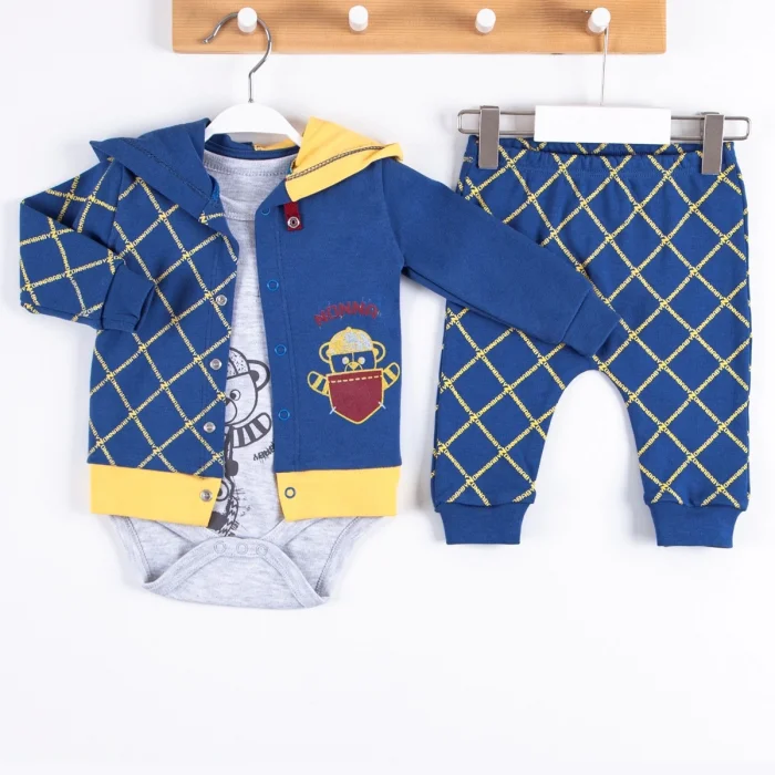 Cep Desenli Kapişonlu % 100 Pamuk Hırkalı 3lü Erkek Takım