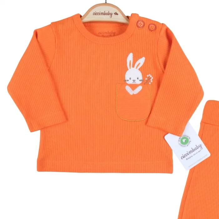 Cepli Tavşan Nakışlı % 100 Pamuk 2li Kız Bebek Takımı