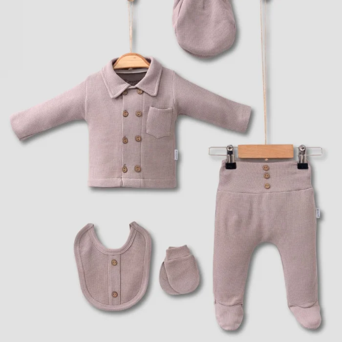 Cepli Waffle % 100 Pamuk 5li Erkek Bebek Hastane Çıkış Seti
