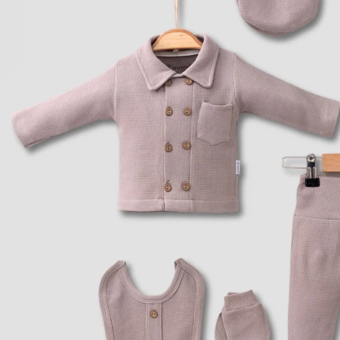 Cepli Waffle % 100 Pamuk 5li Erkek Bebek Hastane Çıkış Seti