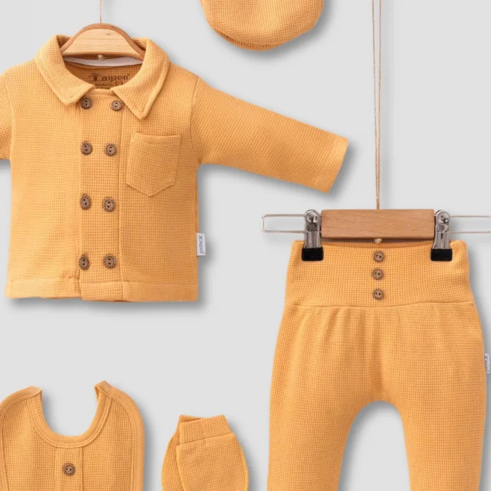 Cepli Waffle % 100 Pamuk 5li Erkek Bebek Hastane Çıkış Seti