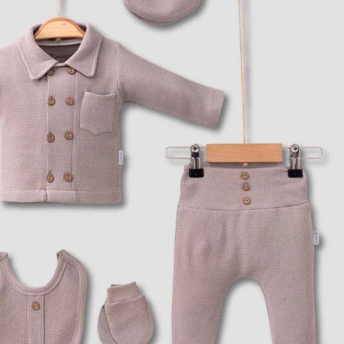 Cepli Waffle % 100 Pamuk 5li Erkek Bebek Hastane Çıkış Seti